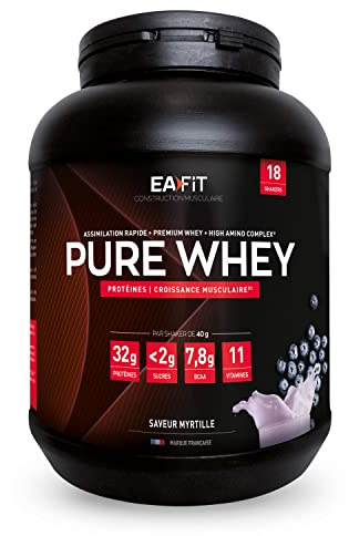 EAFIT Proteine in Polvere Whey 750 g Gusto mirtilli |31 g per Shaker Proteine | Whey Protein Concentrate e Isolate, BCAA + L-Glutammina + Taurina, Integratore per Massa Muscolare, 11 Vitamine