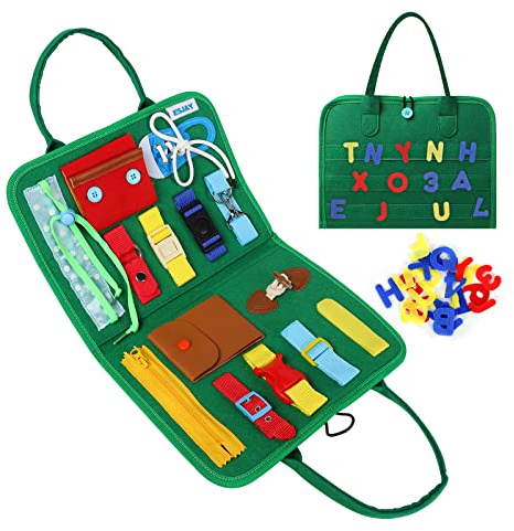 Esjay Toddler Busy Board, Montessori Toys to Learn Fine Motor Skill, Educational Sensory Board for 3+ Year Old, Toddler Activities for Travel Airplane Car,Green Alphabet