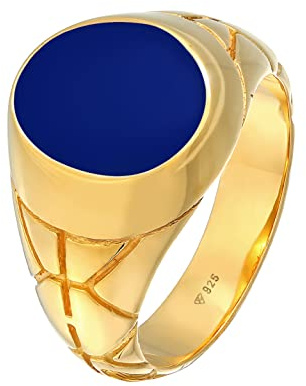 Kuzzoi Anillo de sello para hombre ovalado esmalte azul 13 mm de ancho plata de ley 925 chapado en oro anillo dorado anillo decorado para hombre talla de anillo 54-66 mm, Esmalte