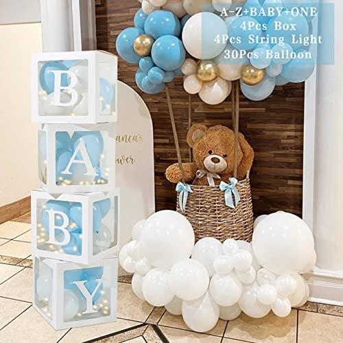 Baby Shower Decorations Boxes for BABY, 30 Blue&White Balloons, 4 Transparent Balloon Boxes with 4 Light Strings and 33 Letters (BABY+ONE+A-Z), Baby Blocks for Baby Shower, Birthday Party Decorations