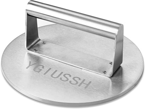 ygiussh Rostfritt stål Baconpress 20 cm rund kraftig BBQ-press med värmebeständigt handtag non-stick hamburgare press vikt hamburger kvarn perfekt bacon biff och smörgås