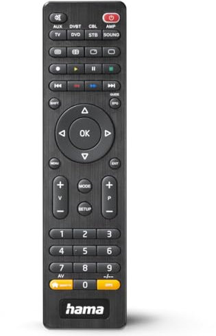 Hama Universalfernbedienung TV, für 8 Geräte (Infrarot, smarte Taste, 10m Reichweite, ideal z.B. für TV, DVD Player, Videorekorder, Receiver, Audio, vorprogrammiert) schwarz