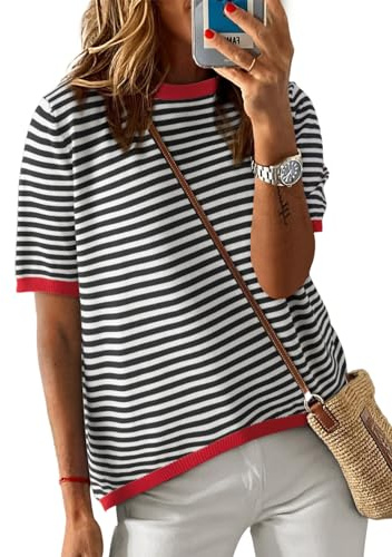 Dokotoo Womens Tops Short Sleeve Casual Summer Tops for Women 2025 Trendy Striped Knitted Crewneck Color Block T Shirts Lightweight Spring Pullover Sweaters Black Small