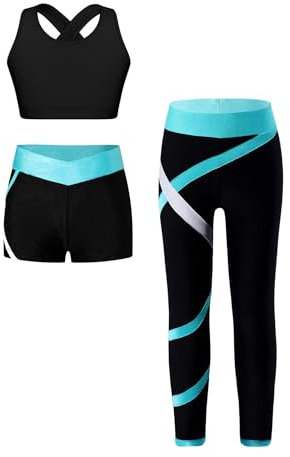 TiaoBug Mädchen Sport BH Jogginghose Sport Leggings Yoga Hose Trainingshose Blau Grün ZC 134-140
