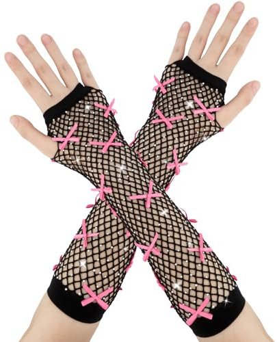 enithElite Netzhandschuhe, Halloween Deko, Fingerlose Handschuhe Damen, Rosa Schleife Mit Strasssteinen (1 Paar)