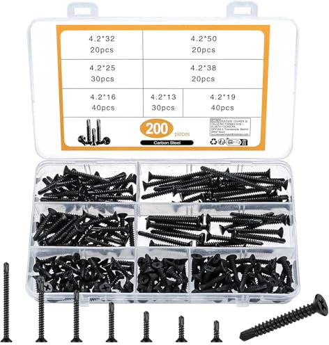 200 Piezas Tornillos Autoperforantes, Tornillos de Cabeza Plana, Tornillos Autorroscantes de Acero al carbono con Extremos Perforados - M4.2 * 13/16/19/25/32/38/50mm (Negro)