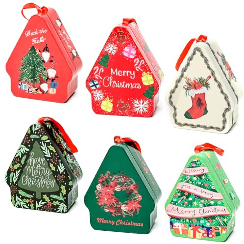 LOMUG 6 stycken julkakburkar, julplåtburkar med lock, julkakor, julburkar, metallburkar, presentburkar för små presentkort