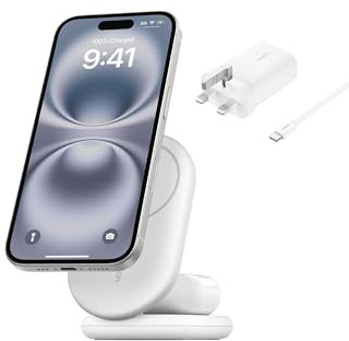 Belkin BoostCharge 2-in-1 Magnetic Foldable Qi2 Charger 15W, MagSafe Compatible Wireless Charger, Fast Charging for iPhone 17, Air, 16, 15, Charging Station with Non-Slip Base, PSU Included - White