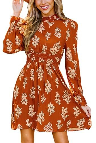 CUPSHE Mini vestido de otoño floral para mujer con cuello alto con mangas largas con volantes elástico en la cintura punto smock casual fluidos mini vestidos, XL