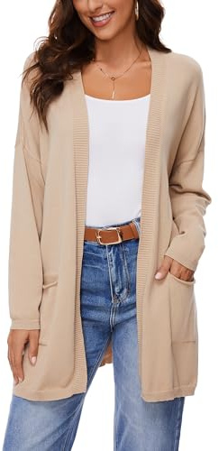 BERESIA Cardigan Aperto in Cotone 100% per Donna con Tasche, Maniche Lunghe, Morbido, Oversize, Maglione Casual da Donna, Khaki, S
