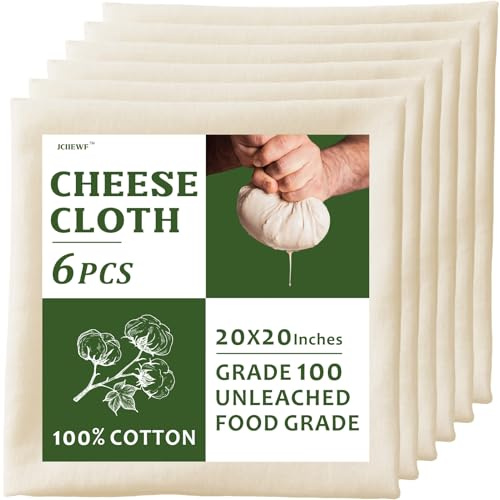 Cheese Cloths, 6 Pack Large 20x20 Inches Precut Cheesecloth For Straining - Unbleached Organic 100% Cotton Fine Mesh Muslin Cloth With 4 Overlocked Edges, Grade 100 For Making Butter, Milk, Juice