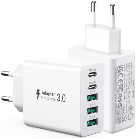 2-pack USB C-laddare 50 W, 5 portar flera USB laddare med 【2 USBC och 3 USBA】, 50W USBC-strömförsörjning väggladdare, snabb laddning PD 3.0 nätadapter kompatibel med iPhone12/13/14/15/Samsung/Tablet