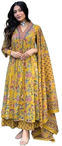 Sambhav Quilt Hub Kurta da donna in misto rayon con stampa Anarkali con palazzo e Dupatta, Giallo, XXX-Large