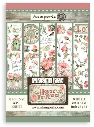Stamperia - Washi Pad for Scrapbooking, Albums, Card Making, Bullet Journalling and More, Translucent, Easy to Cut, Acid Free, Perfect for Hobbies, Crafts and Gifting (House of Roses) (A5) (8 Sheets)