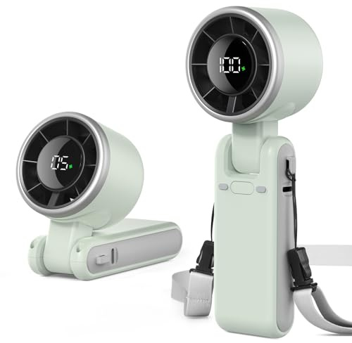 EasyAcc Bärbar handhållen turbo-fläkt, kraftfull höghastighetskylfläkt, 5 hastigheter 4 000 mAh USB-C uppladdningsbar minifläkt för resor, utomhus, sommar och heta blixtar vit grön
