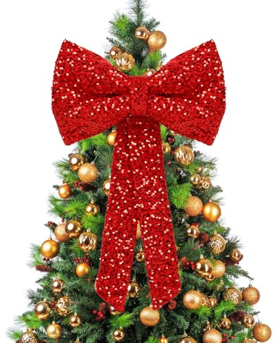 Taylor & Brown Large Red Christmas Bow 40x70cm – Velvet Sequin Fabric Decorative Bow for Xmas Tree Topper, Front Door & Wreath – Luxury Festive Red Bow Decoration