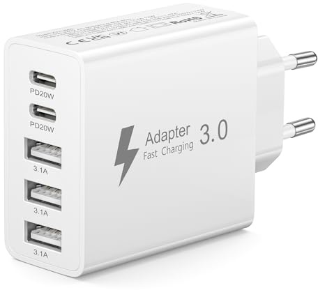 USB-C-laddare, 50 W, snabbladdningsblock med 5 portar med 2 USB-C och 3 USB-A, multiportväggadapter kompatibel med iPhone 17 16 15 14 13 Pro MAX, Samsung Galaxy S26 S25 S24, iPad och surfplattor