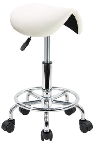 LQVAIPT Sgabello da sella con rotelle Sgabello con rotelle girevole regolabile in pelle PU con ruote Sedia da salone for tatuaggi, salone, bellezza, spa(White)