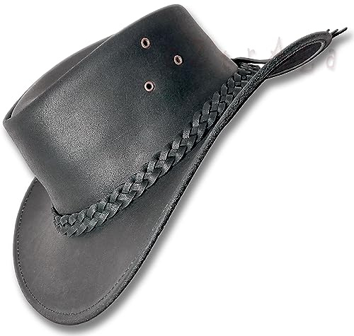 Oztrala - Chapeau de peau cirée australien Outback style cowboy occidental pour homme et femme, couleur noir, café WO HL11 de USA, noir, 7 3/8