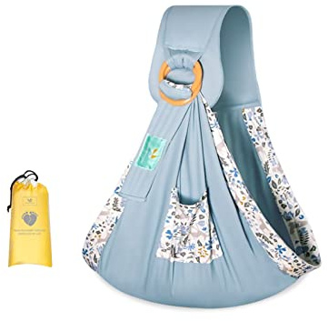 SONARIN Fascia Porta Bebè,Cotone Portabebè Porta Bambino Portantina Bebè Marsupio Neonati Copertina per Allattamento con Anelli Regolabili per Neonati Bambini Fino a 15 kg(Cervo Blu)