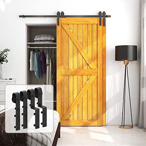 LTIYITL 5FT/152CM Bypass Sliding Barn Door Hardware Kit for Double Wooden Doors, Upgraded Single Track, Smooth and Quiet