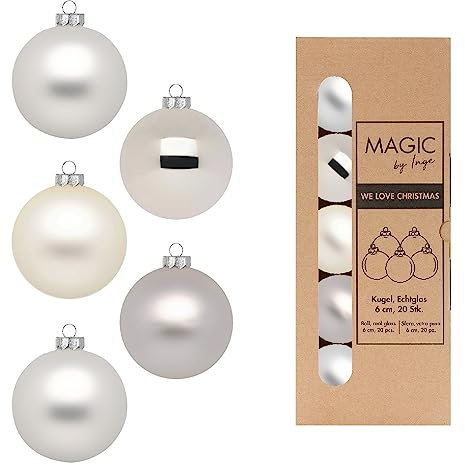 Weihnachtskugeln Glas 6cm x 20 Stück in Kartonbox Christbaumkugeln Set Creme Silber Cloud Dancer
