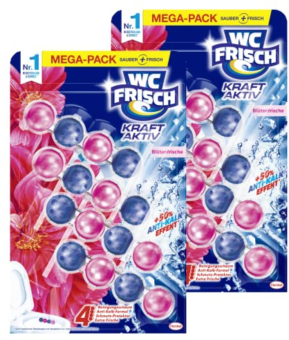 WC FRISCH Kraft Aktiv Doftsköljning Blom-Friskhet (2 x 200 g) 400 g, WC Rengöringsmedel för rengöring vid varje spolning, doftstenar för långvarig fräsch doft, + 50% Anti-Kalk Effekt*