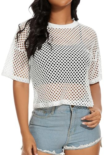 Women's Sheer Fishnet Tops Mesh Crew Neck Plus Size Tee Shirt for Festival Outfits(White,L)