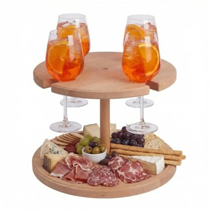 Mottiwood Alzatina 4 Bicchieri, Vassoio Aperitivo, 2 Ripiani, 4 Spazi Porta Bicchieri, 100% Legno Faggio, Idea Unica, Dimensioni: 32,5x23hcm