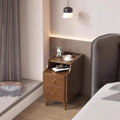 Vockol Mesilla de Noche de Madera Maciza con 2 Cajones, Mesa de Noche Dormitorio, No Requiere Montaje, 40 x 31 x 55 cm, Nogal