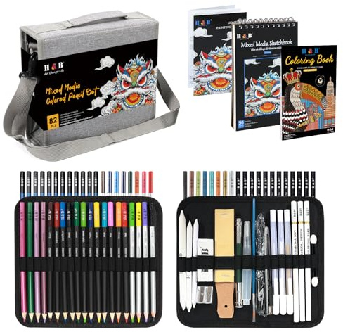 H & B Colouring Pencils Colored Pencil Set 82pcs with Portable Zipper Shoulder Bag 2 Sketch Books Art Supplies Drawing Kit for Adult Coloring and Artists Sketching Grey