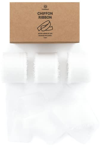 Vitalizart White Chiffon Ribbon 1 x 21 Yd for Crafting & Decoration | Silky Fringe Fabric Ribbons (3 Rolls x 7 Yd), for Wedding Invitation, Bridal Bouquet, Gift Wrapping, Bows Making