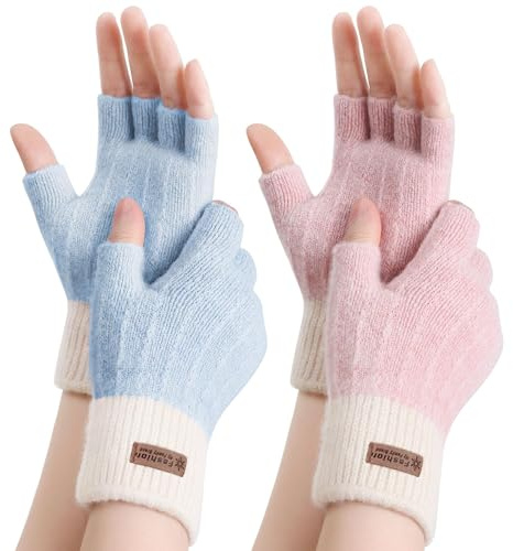 FCHUI Winter Fingerless Gloves - Women Warm Knit Half Fingers Mittens Thermal Fingerless Gloves Ladies Half Fingers for Running Sking (Blue+Pink)