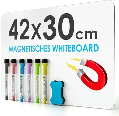 Tableau Blanc Magnétique Autocollant Set, 420 x 300 mm Tableau Magnetique Frigo, A3 Tableau Aimanté Frigo + 4 Pcs Tableaus Blanc Stylo + 1 Pc Tableau Blanc Gomme éponge