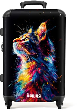 NoBoringSuitcases.com Kinderreisekoffer TSA-Schloss, 4-Rollern, Mittelgroß (Seitenansicht: Bunte Katze - Schwarz, 67 cm - 72 L)