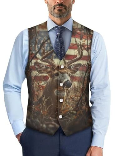 DISNIMO American Flag Camo Deer Men's Formal Suit Vest Slim Fit Casual Business Dress Waistcoat Vest Lightweight Wedding Vests Big and Tall 2XL Size Tuxedo Outwear