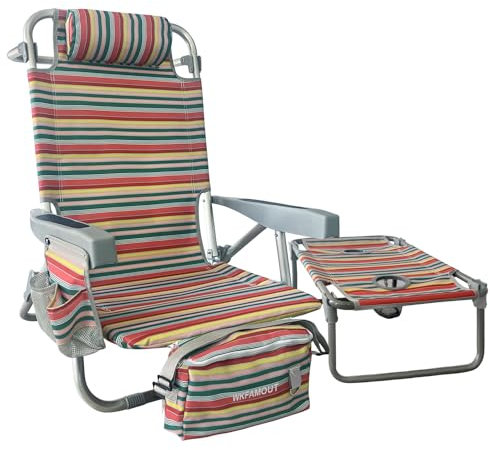 WKFAMOUT Rucksack Strandstuhl Klappbar mit Klapptisch 5 Position Verstellbarer Rückenlehne Niedrig Campingstuhl Gartenstuhl Klappstuhl mit Kühltasche Getränkehalter für Strand Garten Rot