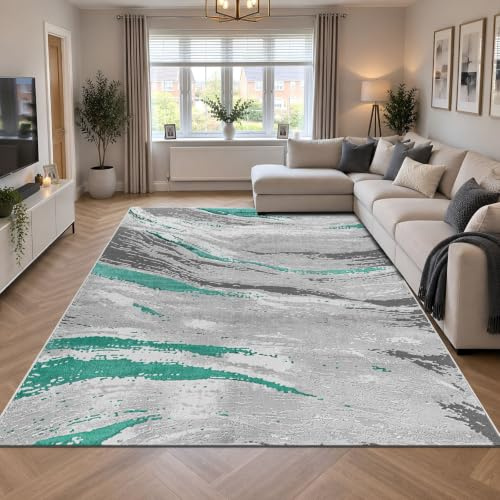 renoazul® Jute Back Carpets For Living Room - Jeze Abstract Emerald Rug - 240 x 320 cm - Washable Rugs For Bedroom, Lounge and Sitting Room Rug