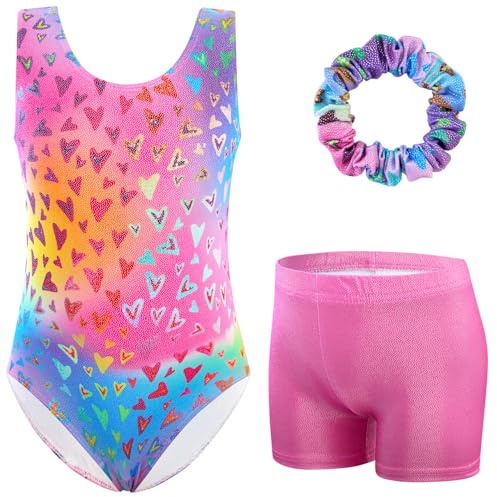 XiaoMoSha Justaucorps de gymnastique trois pièces pour filles sans manches avec short et bandeau pour les cheveux - Couleur dégradée scintillante - Tenue de danse pour enfants de 3 à 12 ans, Cœurs