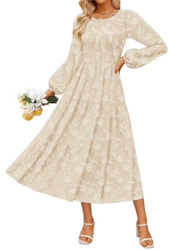 ZESICA Women's Fall Boho Floral Midi Dress 2026 Casual Long Sleeve Crewneck Flowy Wedding Guest Long Dresses,Apricot,Large