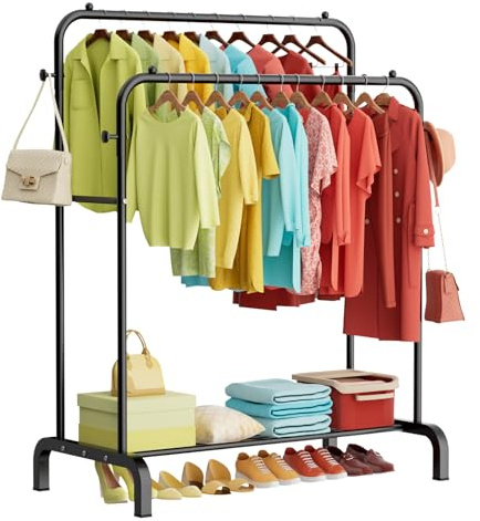 ZHKINGGS Clothes Rail: 80kg Capacity Metal Heavy Duty clothes rail, 4 Hooks for Bedroom/Laundry/Shop, Freestanding Wardrobe Organize