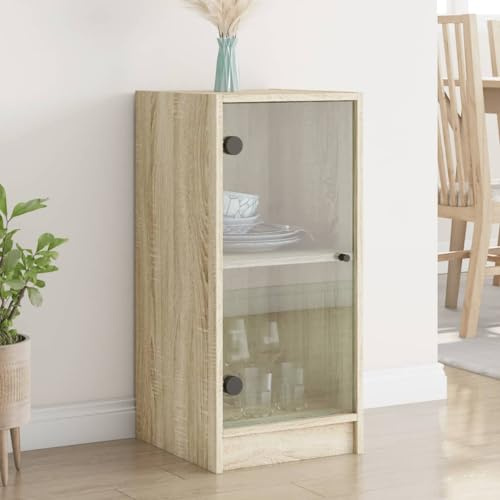 QJBSAVVA Armoire d'appoint avec portes en verre, chêne Sonoma, 35 x 37 x 75,5 cm, matériau en bois durable, espace de rangement et design moderne pour salon, cuisine et couloir