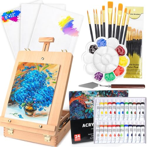 ATPWONZ Set da 40 pezzi, cavalletto per adulti artisti e principianti, cavalletto con 24 colori acrilici, 3 tele e 10 pennelli, set da pittura professionale per interni ed esterni