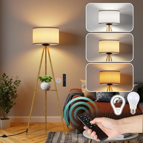 TLGREEN Lampadaire Trépied avec Étagères, Lampadaire LED Dimmable avec 3 Températures de Couleur, Lampadaire sur Pied avec Abat-Jour en Lin, Télécommande, pour Salon, Chambre, Bureau, avec E27 Ampoule