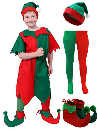 Boys Elf Costume Christmas Fancy Dress - Large - Red & Green Tunic, Elf Hat With Pom Pom, Red & Green Tights and Elf Boots - Cheeky Christmas Elf Santa's Little Helper Grotto