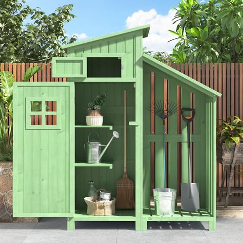 Ktipm Armario Caseta Jardin Exterior con 1 Puerta y 2 Estantes, Cobertizo Jardin Exterior para Herramientas con Diseño de Ventilación, Mueble Exterior Almacenaje de Madera, 124.5x53x174.7 cm, Verde
