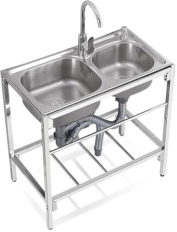 WIQUYBML kommersiellt handfat, 2 fack diskhoar, rostfritt stål restaurang förberedelse och verktygsvask med 360 graders rotationskran (silver, storlek: 80 x 43 x 75 cm)