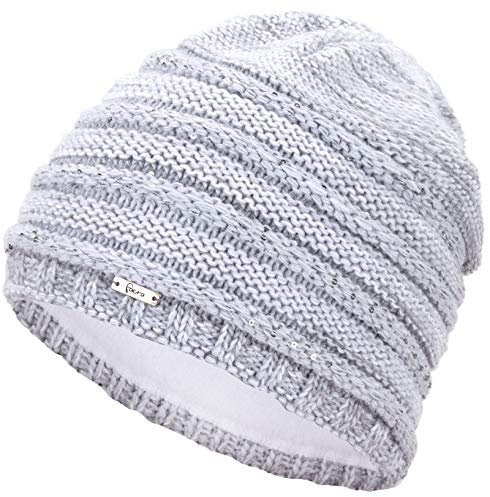 Faera Wintermütze warm gefütterte Winter-Mütze Fleece-Futter Winter Strick-Mütze Beanie-Mütze Damen Herren One-Size, Farbe:Hellgrau