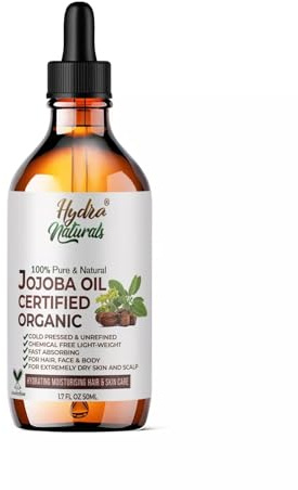 Hydra Naturals 100% Organic Cold Pressed Jojoba Oil 50ml, Hexane-Free Carrier Oil for Body, Hair, Face, Beard, Skin & Nails, Massage Oil, Vegan & Cruelty Free, Fast Absorbing, Non-Comedogenic