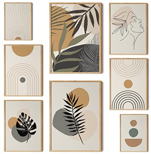 HappyArts® | Premium 8er Poster Set | Bilder Wohnzimmer Deko Schlafzimmer | Abstrakte Boho Botanik Collage Pflanzen Yoga B (ohne Rahmen)